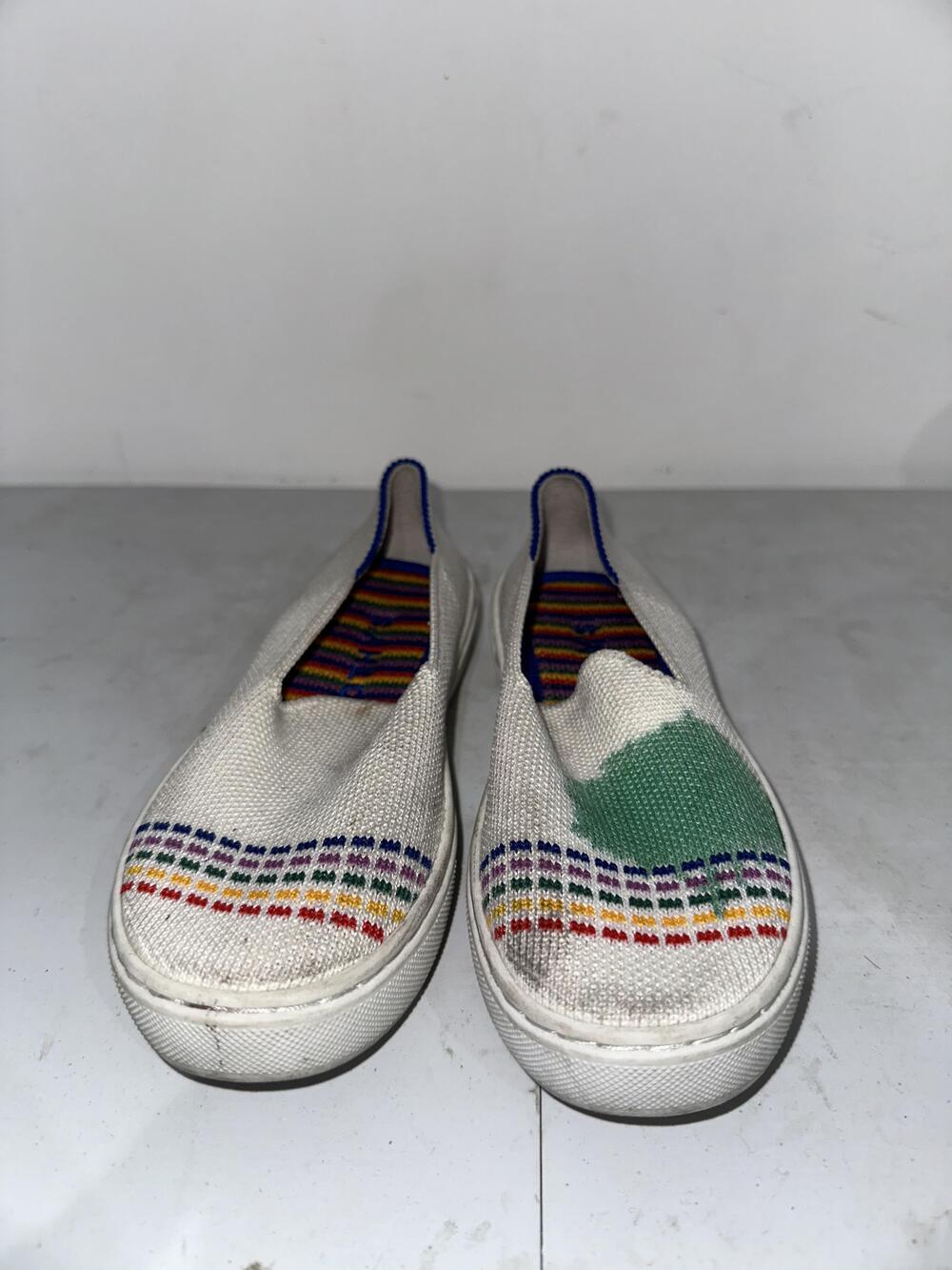 Rothy's Shoes Kids Size 12 White Knit Slip On Rainbow Stripe Sneakers Stain